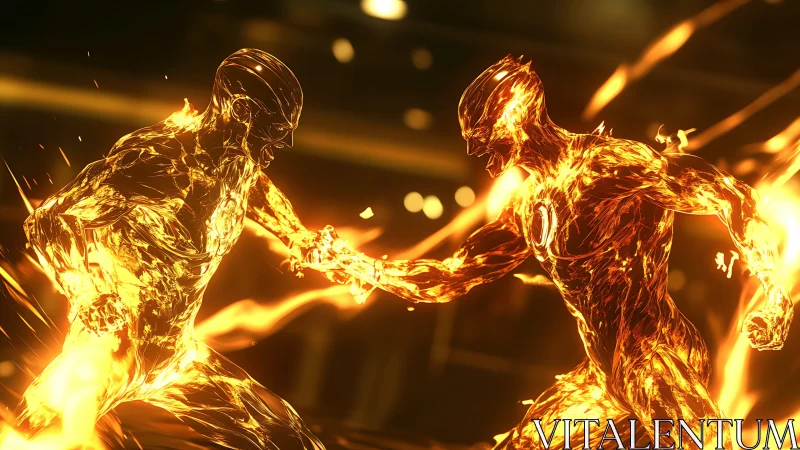 Molten humanoid figures collide in high-energy digital combat