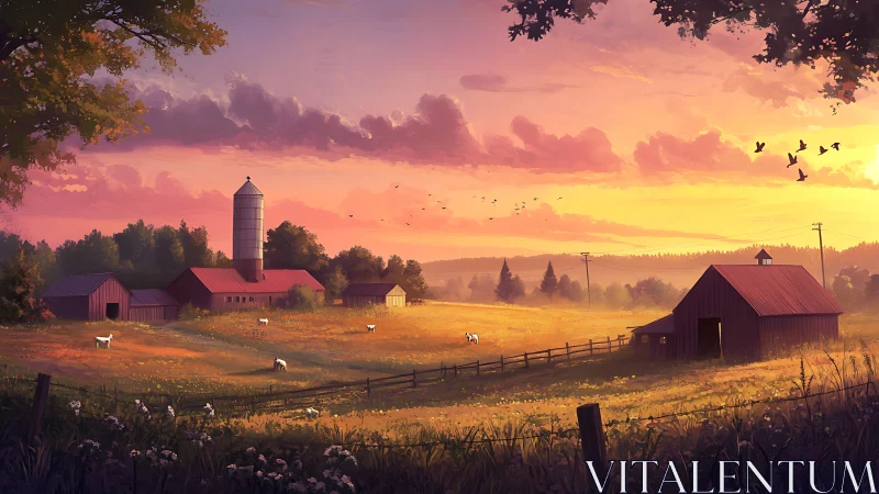 Golden hour countryside farmstead with grazing livestock.