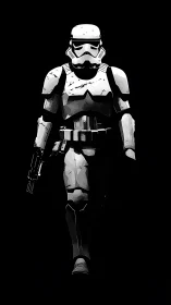 Bold armored trooper strides forward through deep shadow