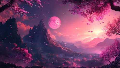 Fantasy moonrise over sakura valley in ethereal pink light.