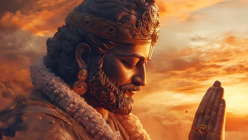 Sunlit royal deity profile in hyper-detailed devotional pose.