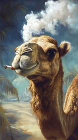 Camel smoking in desert landscape under cloudy sky.