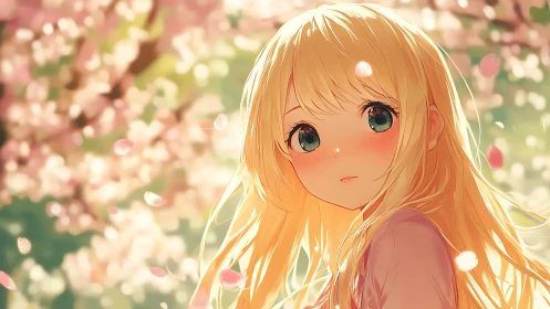 Golden-haired anime girl gazes softly beneath spring blossoms.