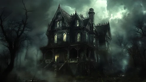 Gothic multi-story mansion stands amid dense fog and trees