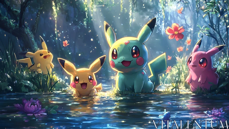 Pikachu friends play in a sparkling enchanted forest pool.