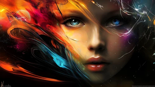 Hybrid chromatic portrait of luminous girl in swirling light