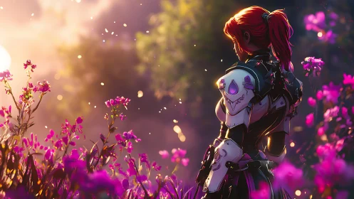 Figure with Skull Backpack in Magenta Floral Field.