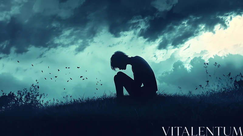 Silhouette of solitary figure on hillside under brooding sky.