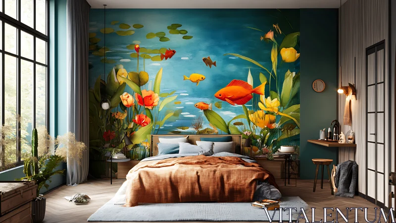 Vibrant koi mural accent wall in modern light-filled bedroom