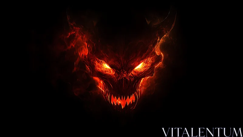 Fiery demonic skull blazes from darkness with haunting intensity