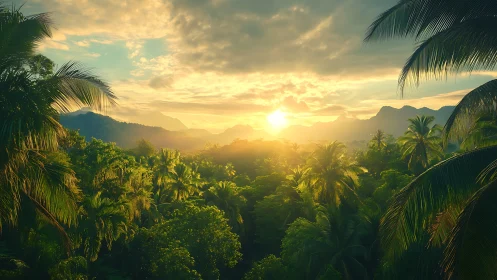 Sunrise orchestra over emerald jungle canopies and misty peaks.