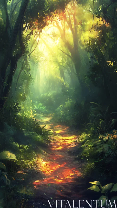 Luminous Forest Path: Golden Light Through Ancient Canopy