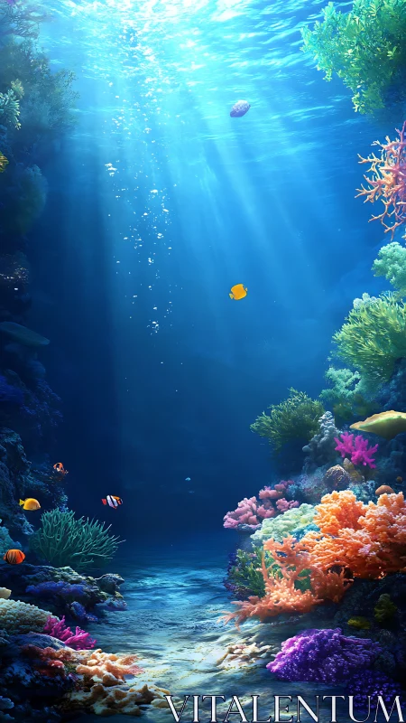 Sunlit coral reef scene with colorful tropical fish below.