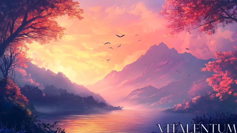 Radiant mountain sunset over tranquil autumn lake vista.