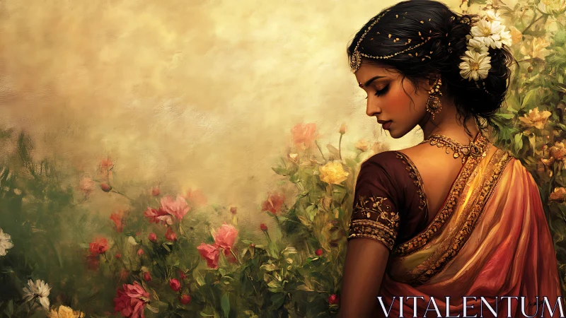 Elegant Indian Woman in Traditional Saree Amidst Floral Garden, Digital Art.