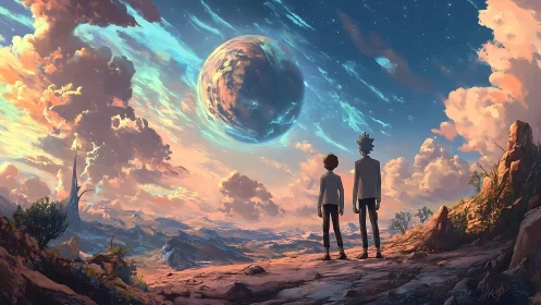 Two figures observe alien sky over vast rocky valley.