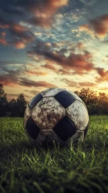 Weathered soccer ball resting on vivid grass at sunset.