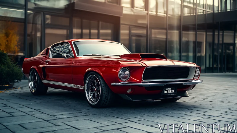 Red classic fastback muscle car parked in modern courtyard