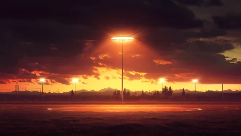 Floodlit sports field glows against dramatic sunset sky