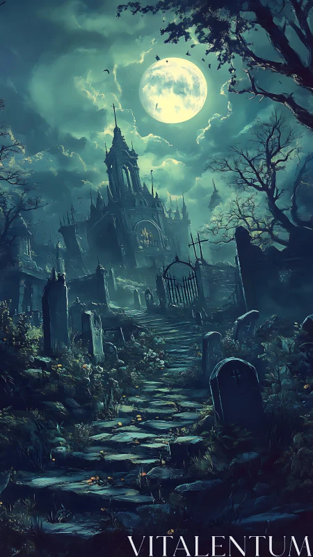 Moonlit gothic cathedral looms over winding graveyard path