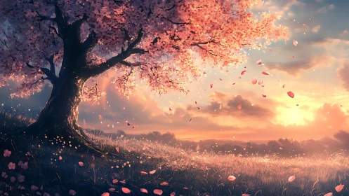 Gentle sunset beneath a dreamlike cherry blossom tree.