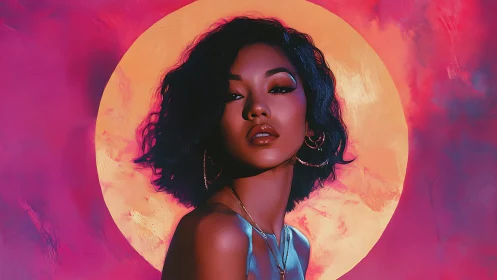 Digital portrait of woman against glowing sun halo background.