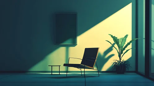 Minimalist chair and plant in sharp afternoon light.