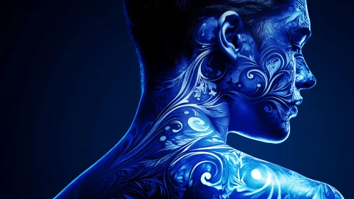 Neon blue portrait blends ornate bioluminescent body art.