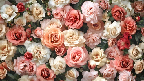 Botanical Garden Full Bloom: Layered Rose Composition in Warm Palette.