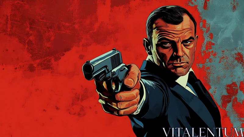 Bold secret agent aims forward against a fiery red backdrop