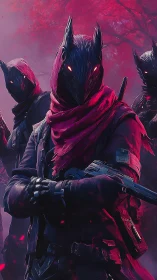 Masked gunfighter leads crimson forest hunters at dusk