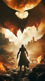 Dragonsfire sky crowns lone warrior on the burning road.