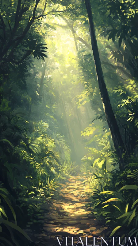 Sunlit Forest Path Through Dense Jungle Canopy