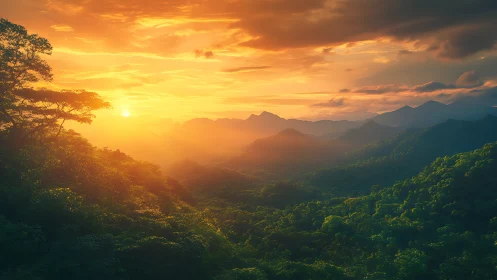 Sunrise pours molten gold across misty emerald mountains