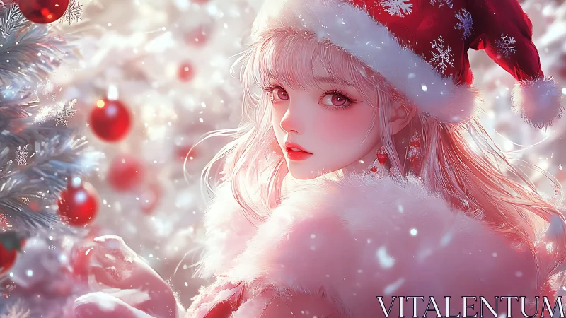 Snowy anime girl in red Santa hat gazes over shoulder