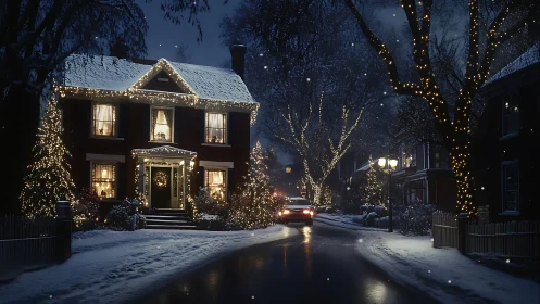 Snowy suburban street scene shows warm-lit house and car