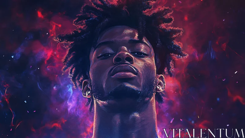 Cosmic portrait radiates neon fire around stoic gaze.