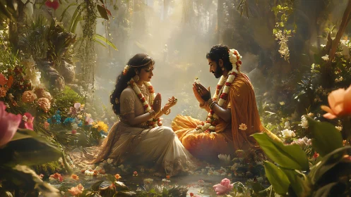 Sacred lovers in a sunlit forest shrine of blossoms and prayer.