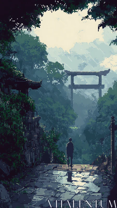 Solitary figure walks toward distant torii gate in misty forest
