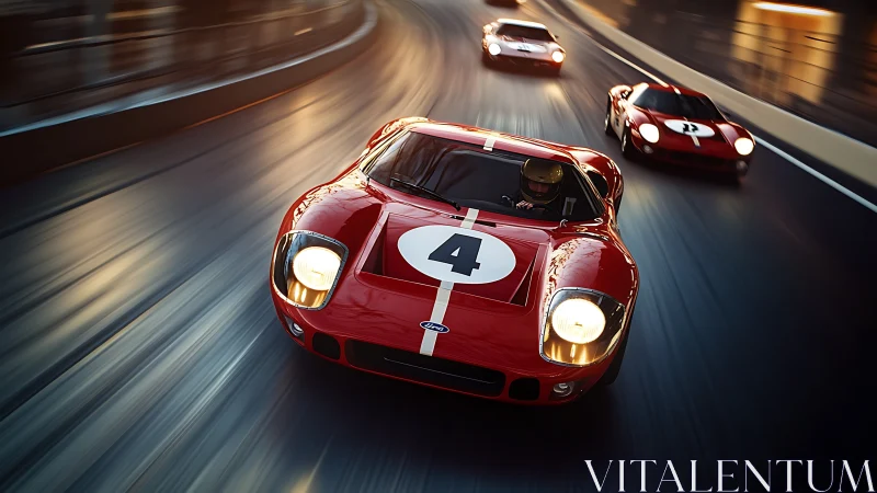 Vintage red race cars storm night track in tight pursuit.