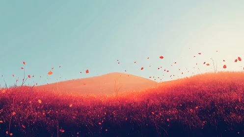 Crimson meadow glows at sunset as petals drift on the wind