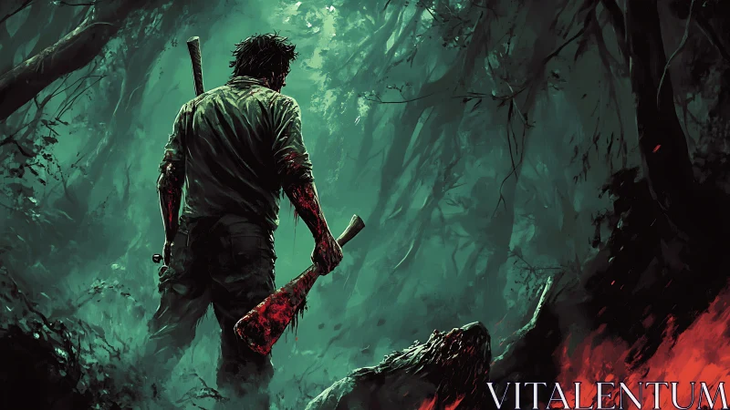 Bloody survivor holding axe in dark, burning forest.