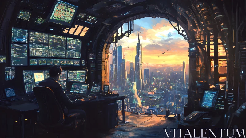 Cybernetic command deck overlooking high-density skyline nexus.