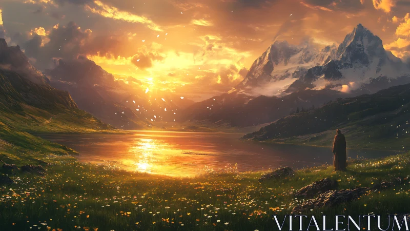 Sunlit mountain lake with lone cloaked figure at dusk.