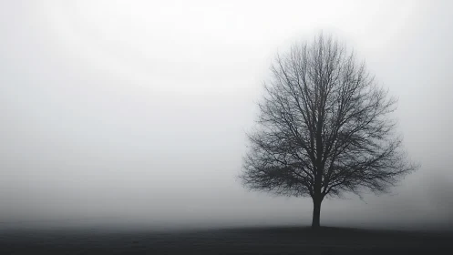 Leafless tree centered in dense fog over flat landscape.