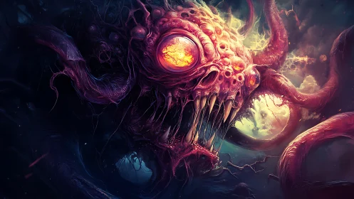 Grotesque tentacled monster with glowing eyes in void