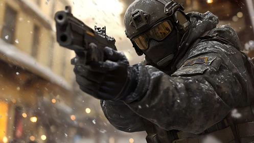 Tactical operator aiming sidearm in snow-laden urban alleyway.