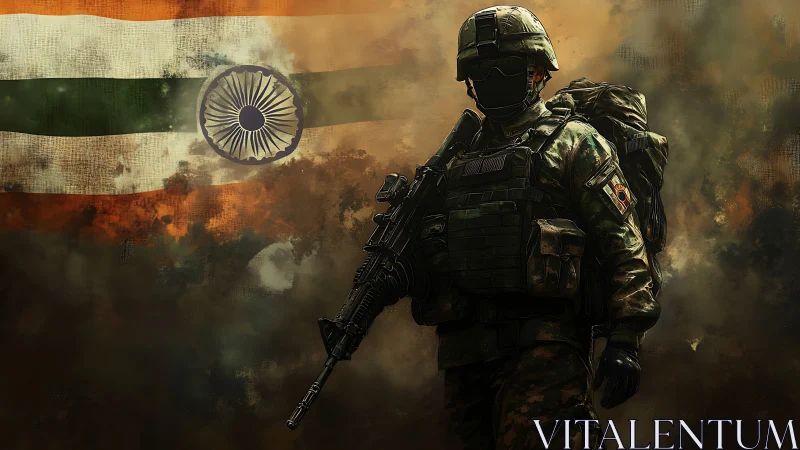 Indian soldier in combat gear before faded national flag.