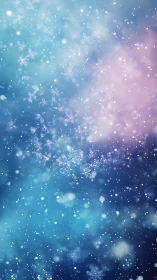 Glittering snowflakes drift through dreamy winter haze.