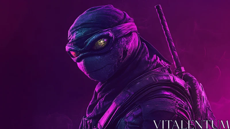 Cyber ninja turtle warrior in neon purple glow portrait.